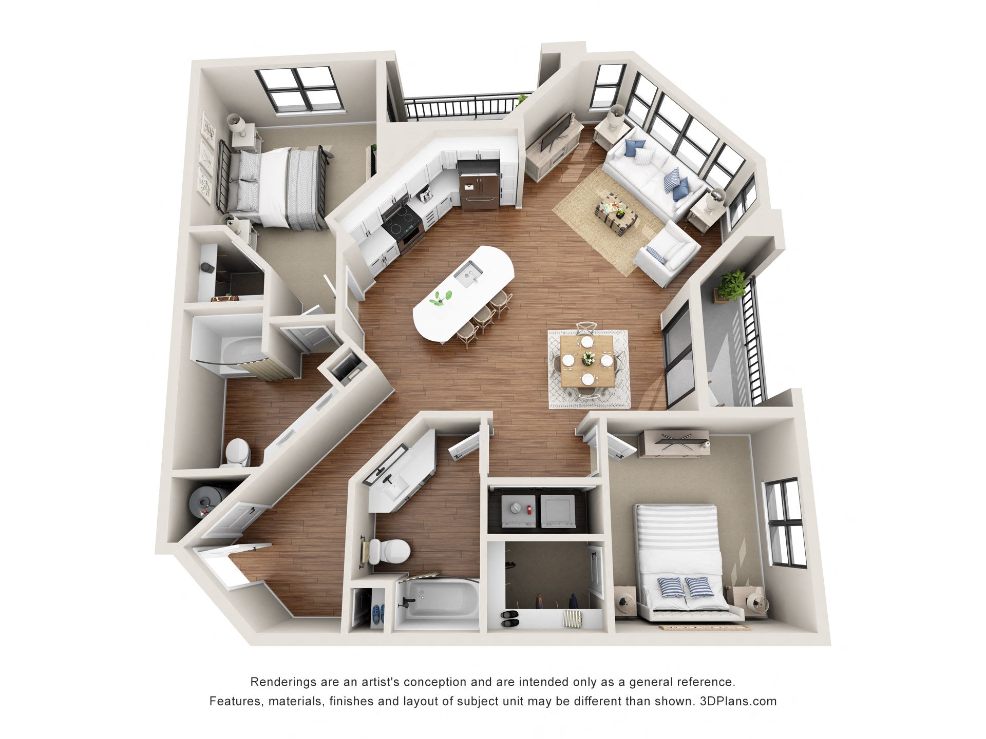 Floor plan for 2 beds, 2 baths, 1287 sqft